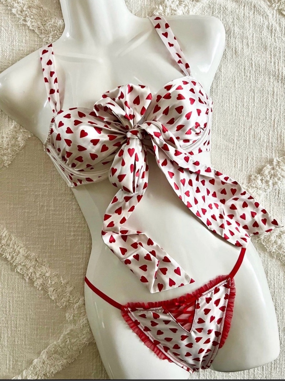 Women's Heart-Print Bow Front Lingerie Set - White & Red